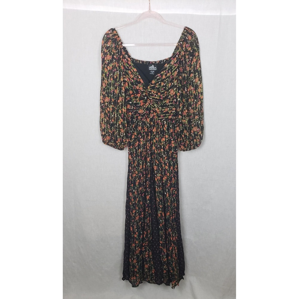 Angie Garden Floral Metallic Lurex Maxi S Dress Black Smocked Boho Dark Romantic